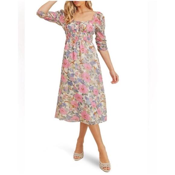 Bohme Dresses & Skirts - Bohme Lush Midi Dress L‎ Vintage Floral Print Empire Waist Milkmaid Cottagecore